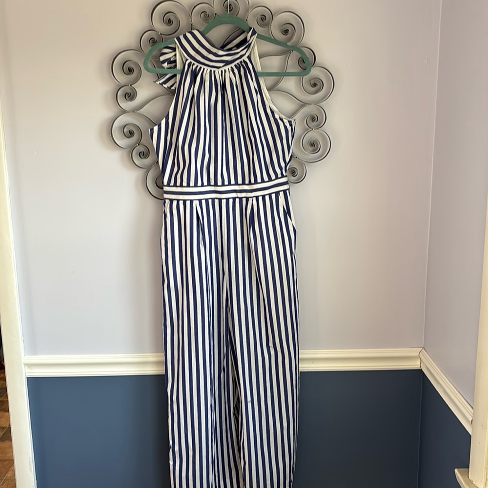 J Crew-blue and white striped sleeveless jumpsuit